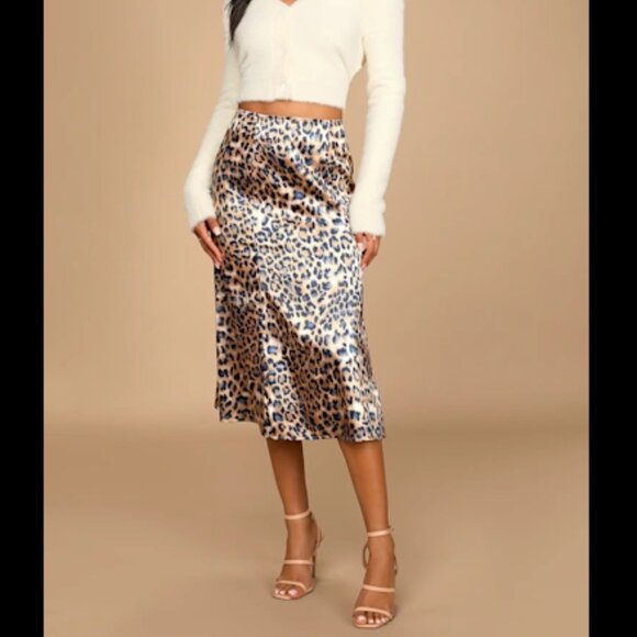 Lulu’s Global Icon Tan & Navy Blue Leopard Print Satin Midi Skirt Size Small - Picture 5 of 11